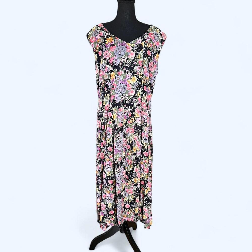 Vintage Stephanie Robbins Floral Maxi Dress Black Pink Rayon 80s 90s Size 14